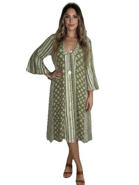 World Market Green Midi Kaftan Dress 100% COTTON Sz L/XL M Boho 1/2 Sleeve IKAT